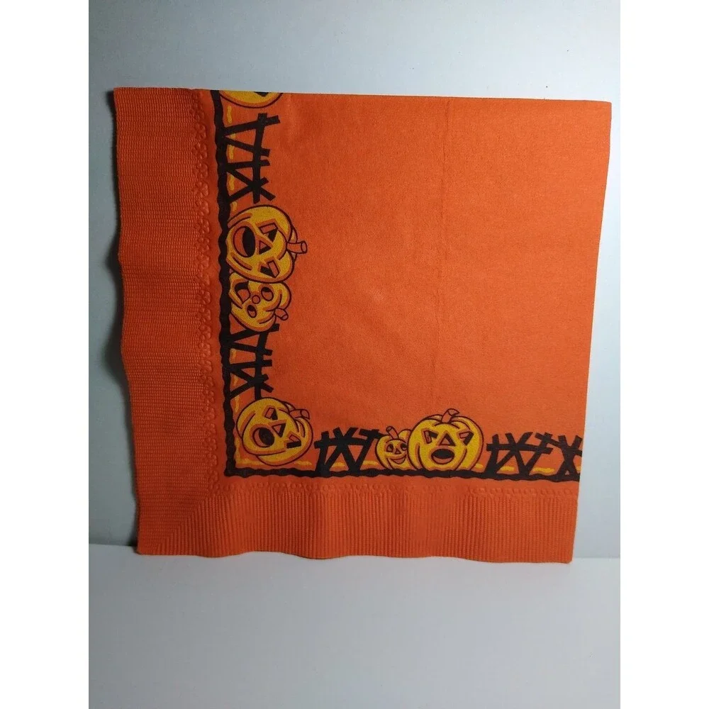 Vintage Halloween Paper Napkin Black Cat Jack-O-Lanterns Pumpkins 6.5 x 6.5 Inch